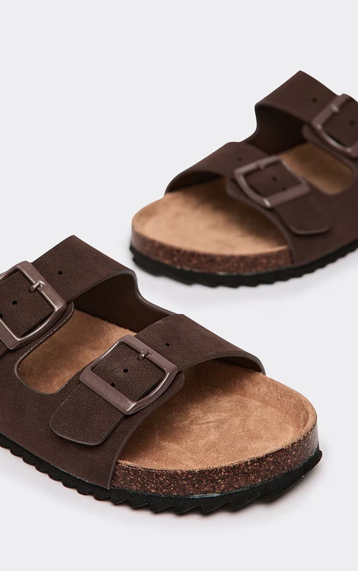 EGO Olsen Double Buckle Strap Flat Slider Sandal In Brown Faux Suede, Women's Size UK 3