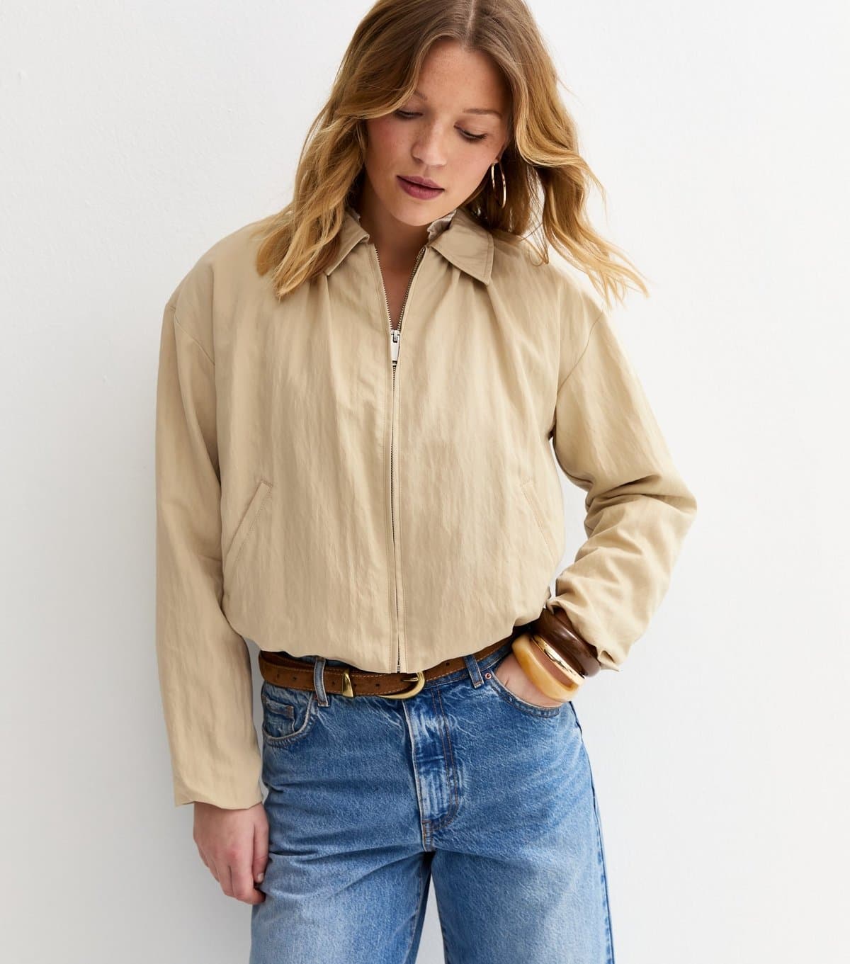 New Look Women's Stone Bubble Hem Bomber Jacket New Look