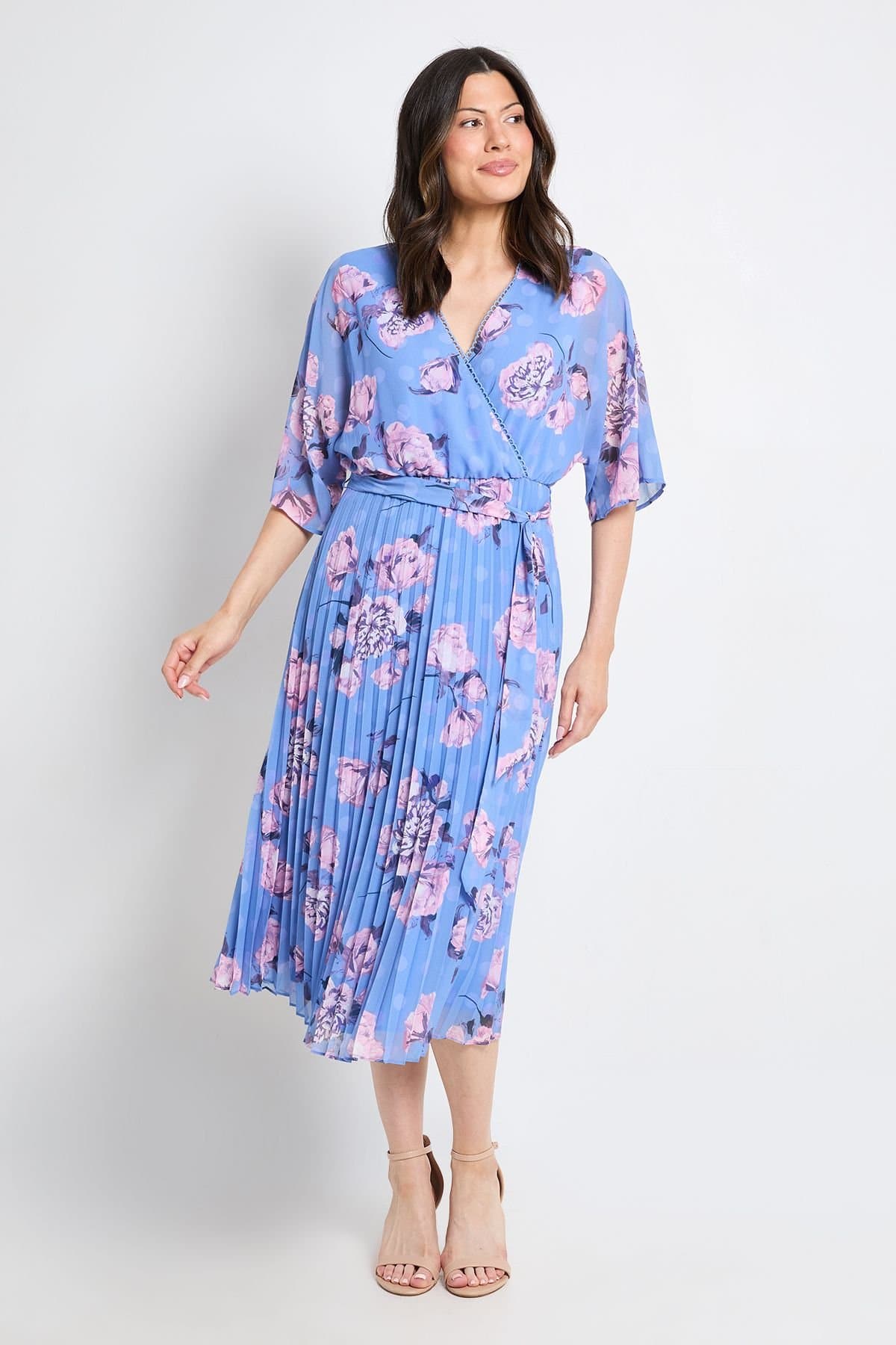 Wallis Wallis Women's Floral Polka Dot Mix Pleated Midi Dress in Blue