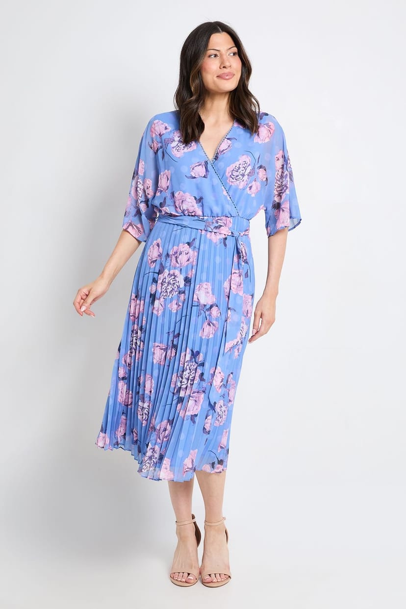 Wallis Wallis Women's Floral Polka Dot Mix Pleated Midi Dress in Blue - 1