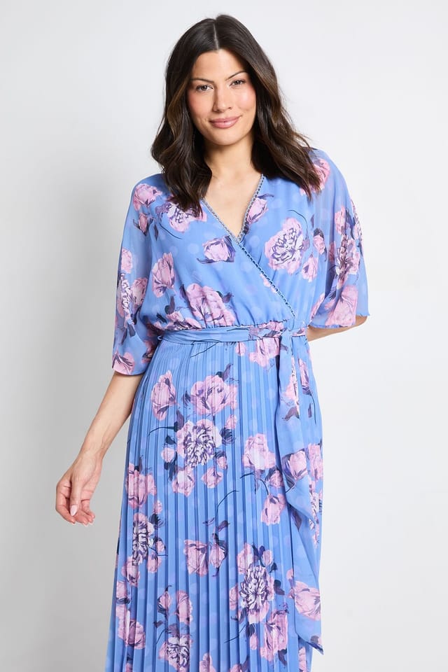 Wallis Wallis Women's Floral Polka Dot Mix Pleated Midi Dress in Blue - 2