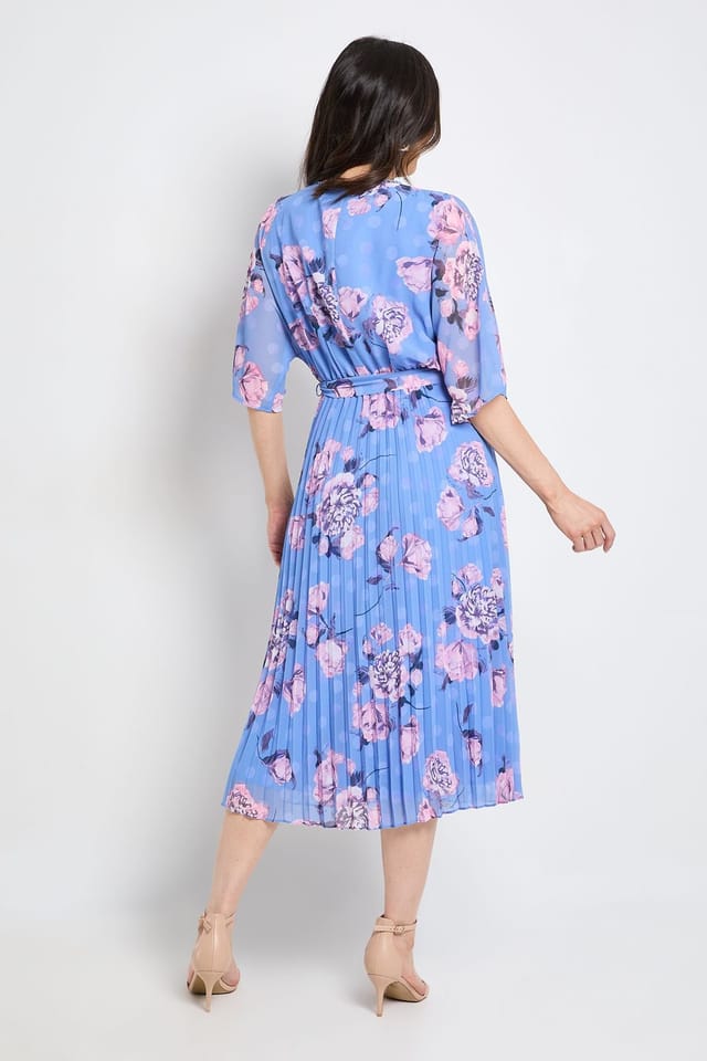 Wallis Wallis Women's Floral Polka Dot Mix Pleated Midi Dress in Blue - 3