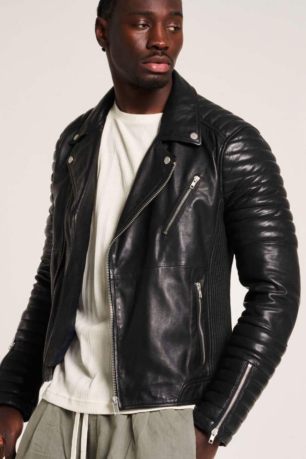 Barneys Originals Barneys Originals Men's Real leather Biker with Ribbed Sleeves in Black