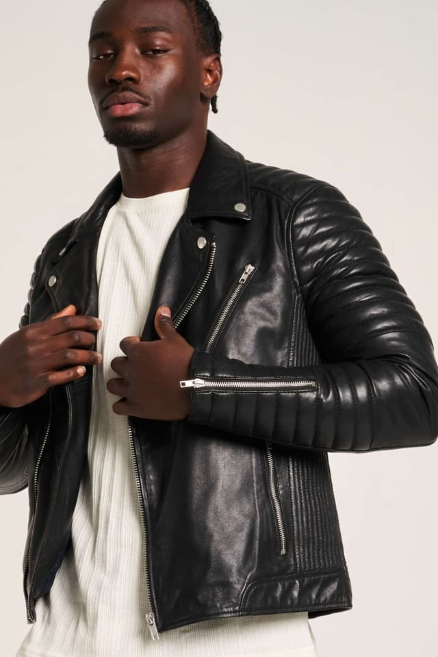 Barneys Originals Barneys Originals Men's Real leather Biker with Ribbed Sleeves in Black - 2