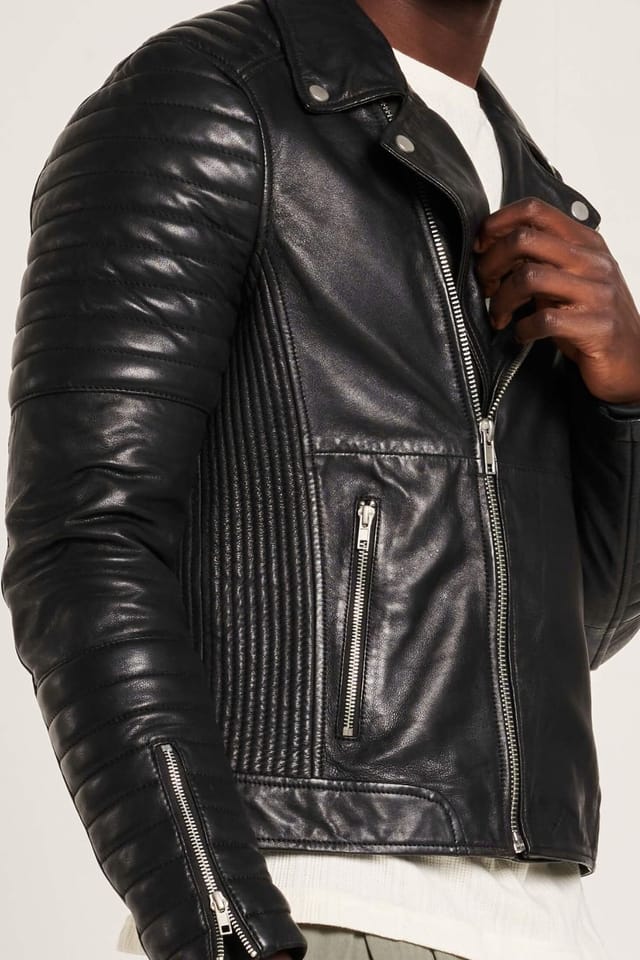 Barneys Originals Barneys Originals Men's Real leather Biker with Ribbed Sleeves in Black - 3