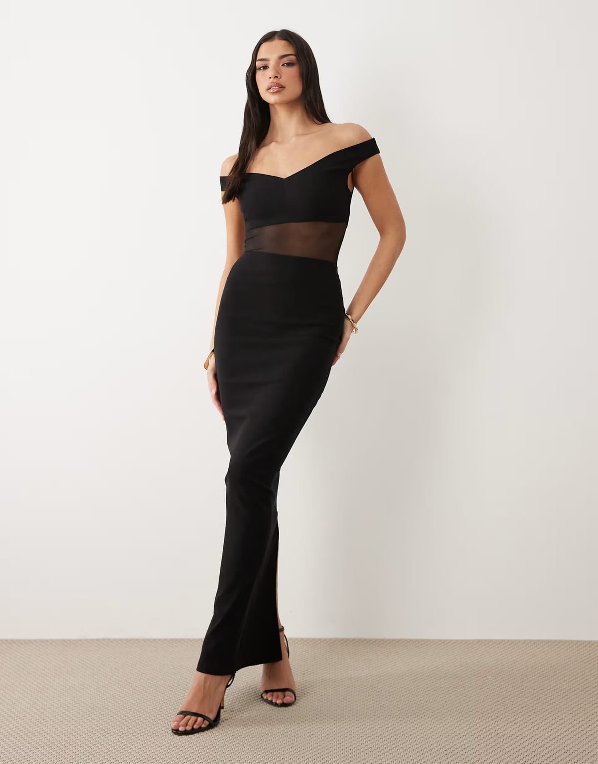 ASOS Vesper bengaline sweetheart neckline off shoulder mesh panel maxi dress in black - 1