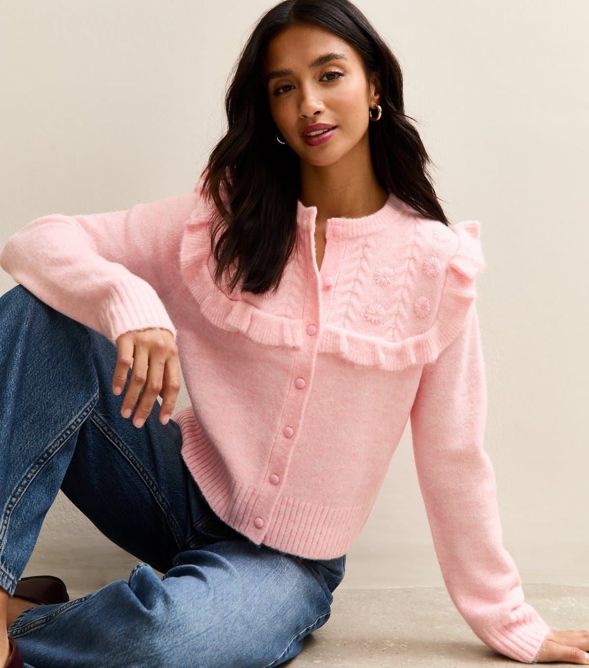 New Look Women's Petite Pink Floral Design Frilly Trimmed Cardigan New Look