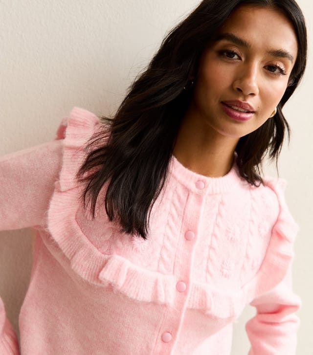 New Look Women's Petite Pink Floral Design Frilly Trimmed Cardigan New Look - 2