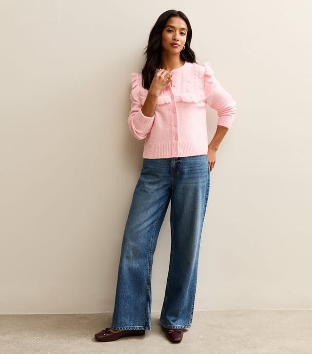 New Look Women's Petite Pink Floral Design Frilly Trimmed Cardigan New Look - 3