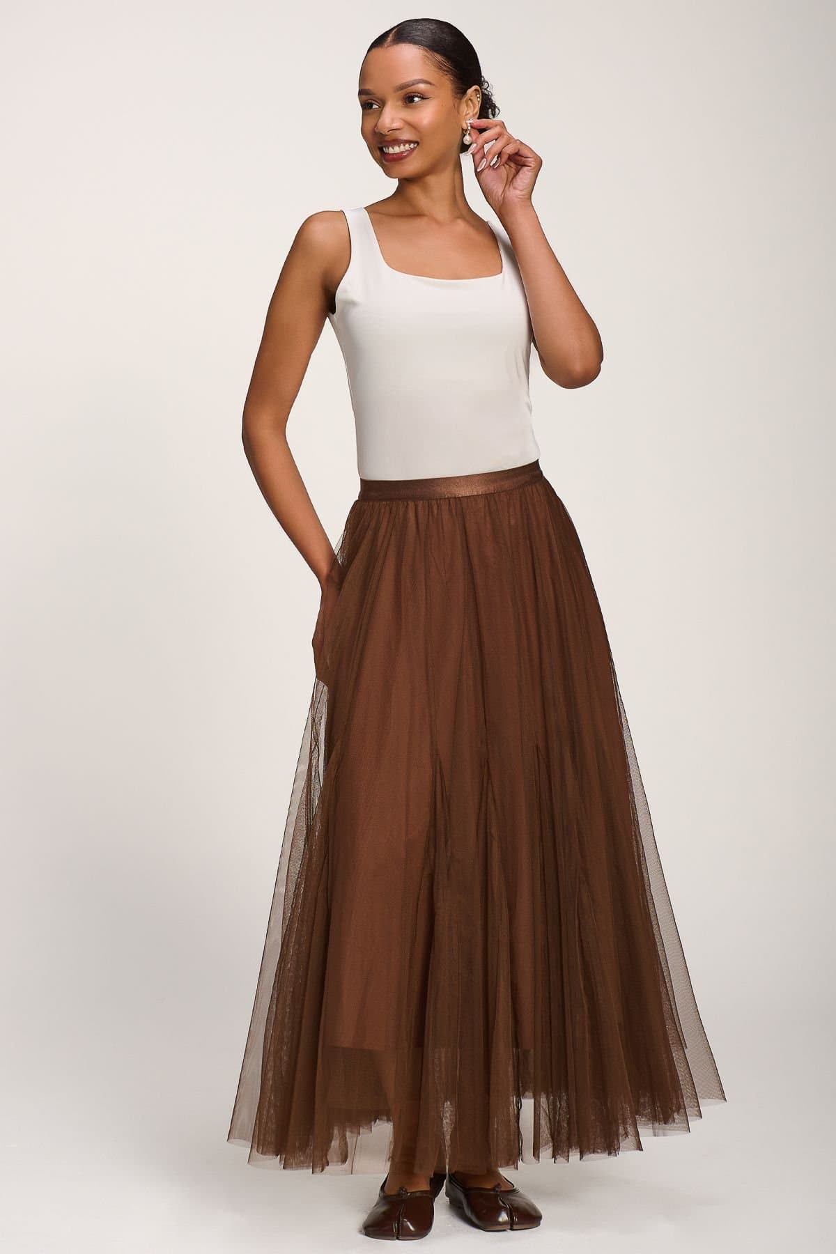 Jolie Moi Jolie Moi Women's Tulle Godet Maxi Skirt in Brown