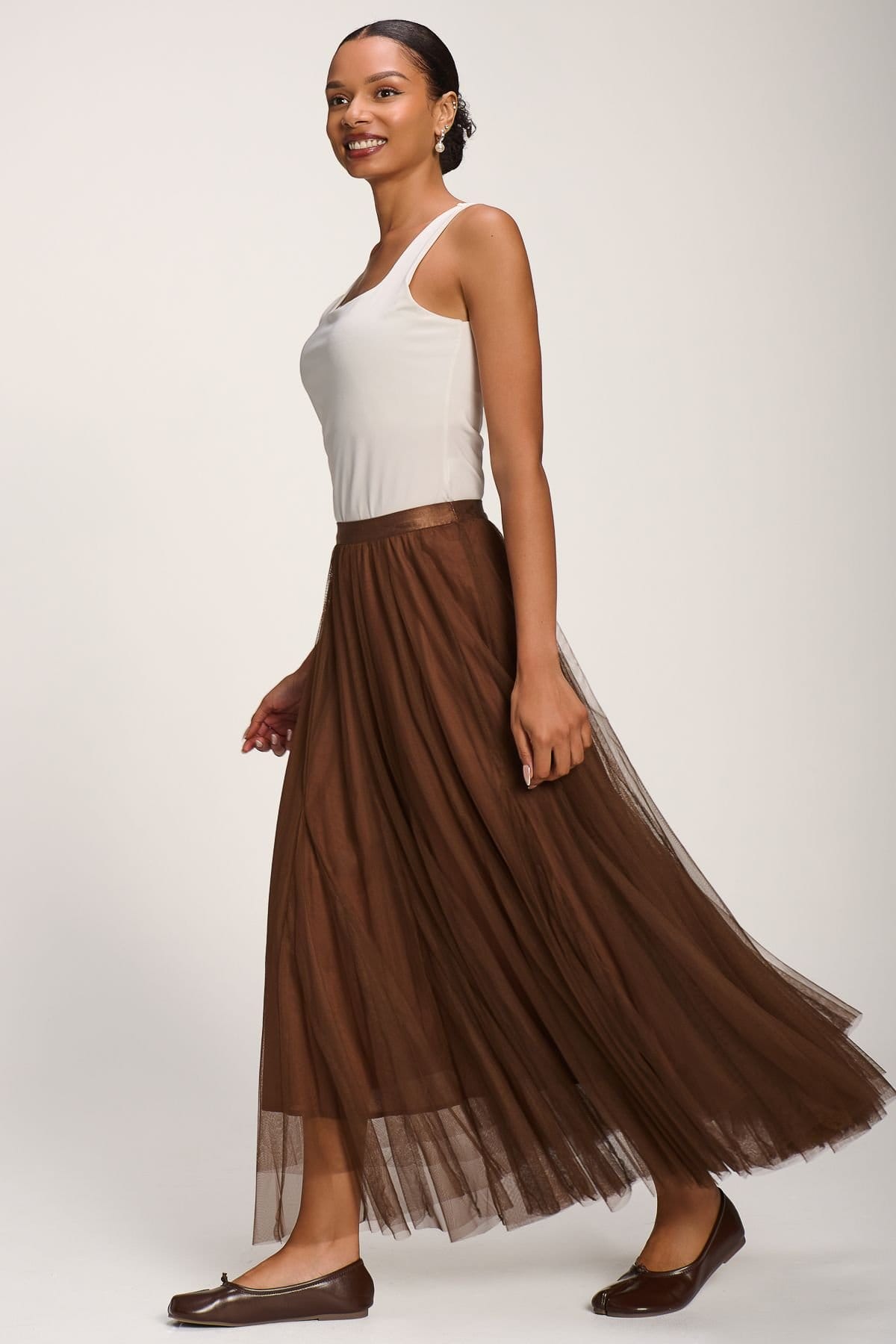 Jolie Moi Jolie Moi Women's Tulle Godet Maxi Skirt in Brown - 4
