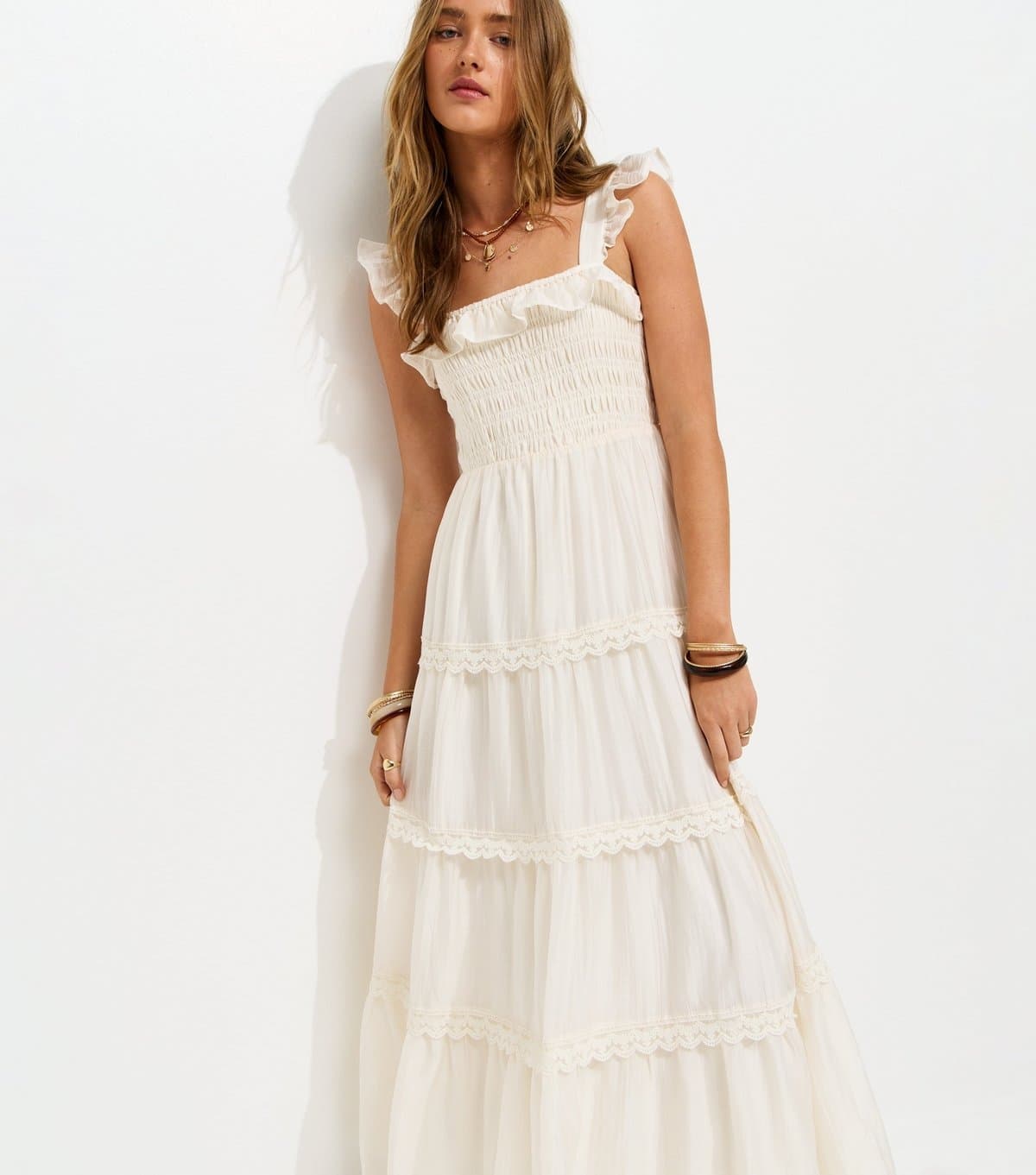 New Look Women's White Frilly Trimmed Shirred tiered Maxi Dress New Look