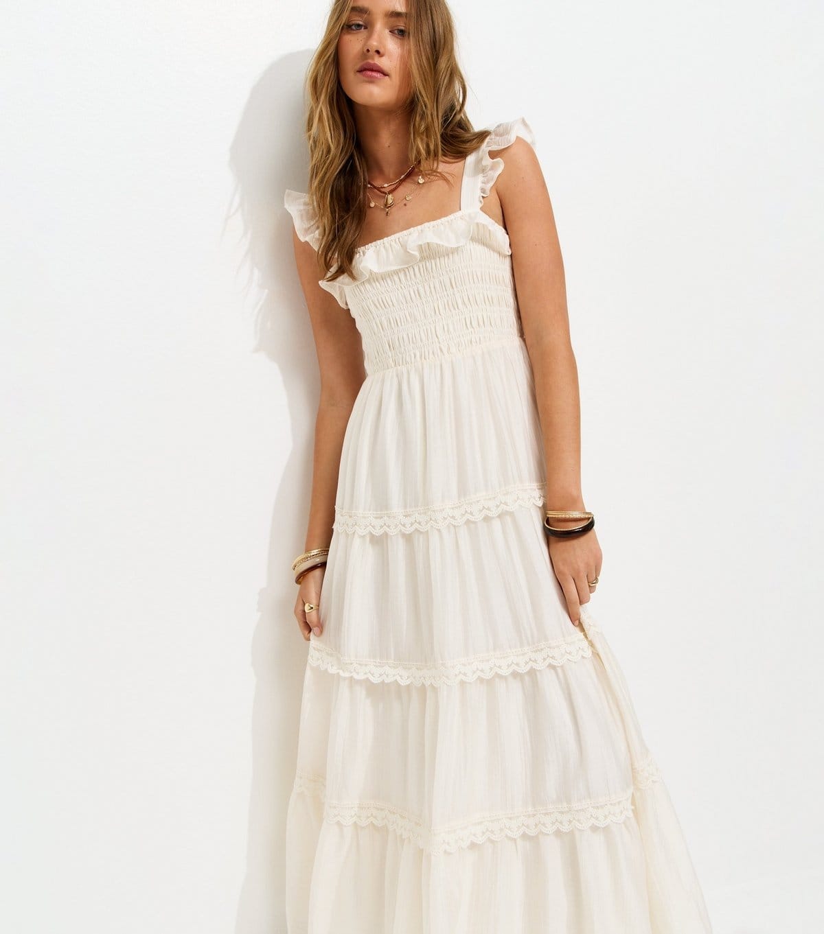 Women's White Frilly Trimmed Shirred tiered Maxi Dress New Look