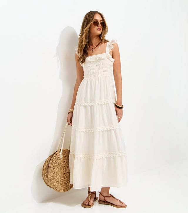 New Look Women's White Frilly Trimmed Shirred tiered Maxi Dress New Look - 3
