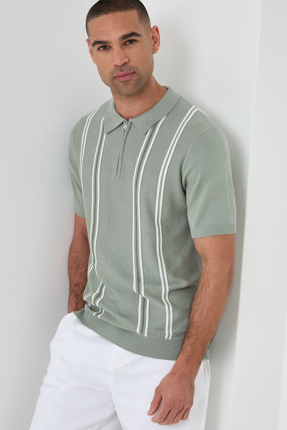 Threadbare Threadbare Men's Stripe Quarter Zip Knitted Polo in Pale Green