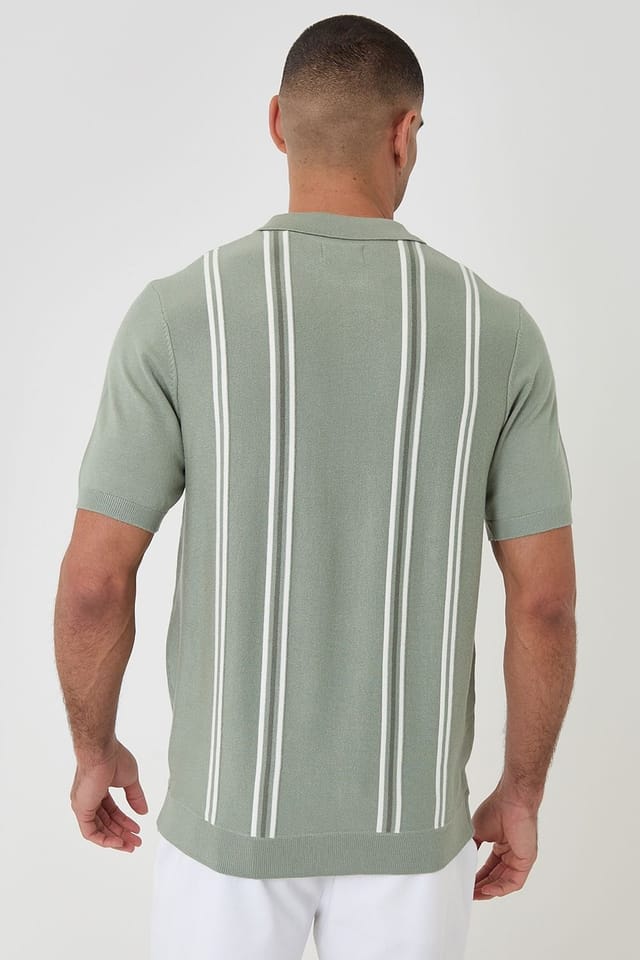 Threadbare Threadbare Men's Stripe Quarter Zip Knitted Polo in Pale Green - 2