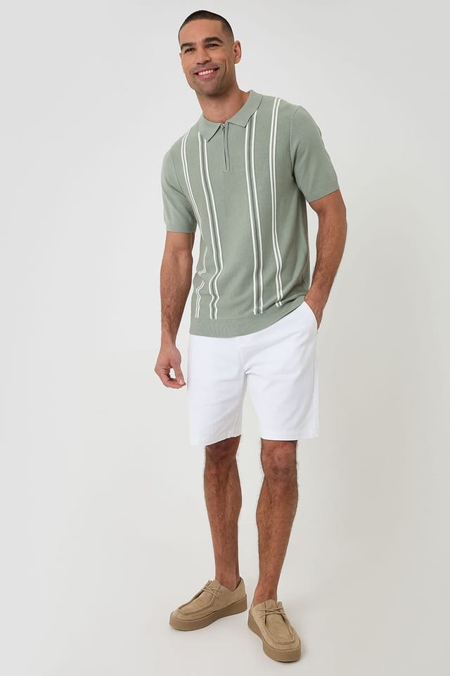 Threadbare Threadbare Men's Stripe Quarter Zip Knitted Polo in Pale Green - 3