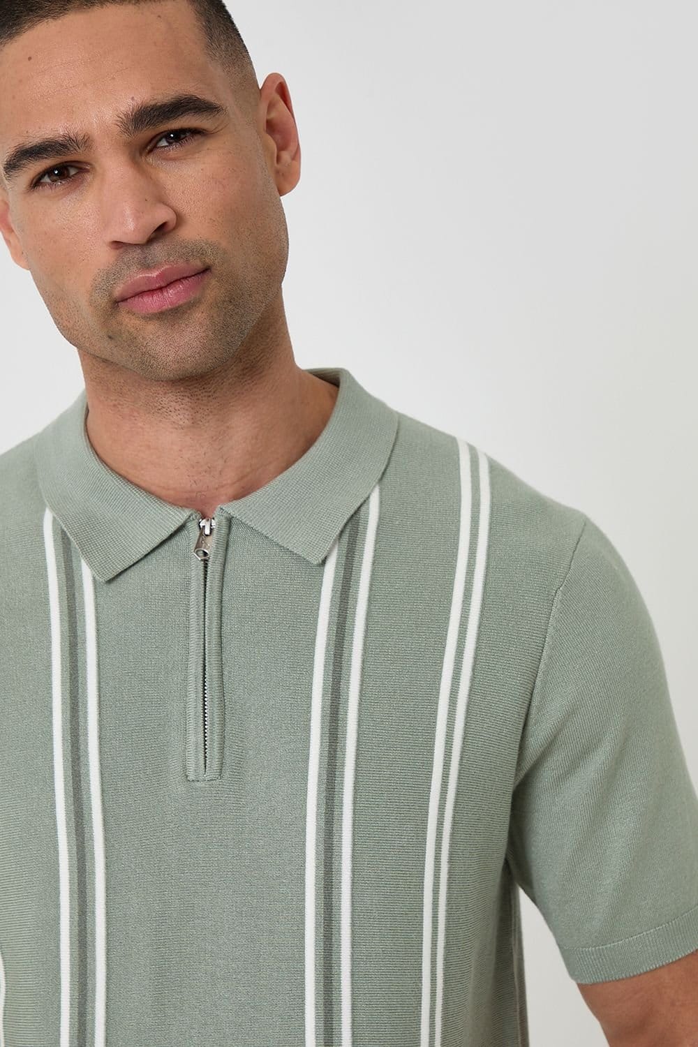 Threadbare Threadbare Men's Stripe Quarter Zip Knitted Polo in Pale Green - 4