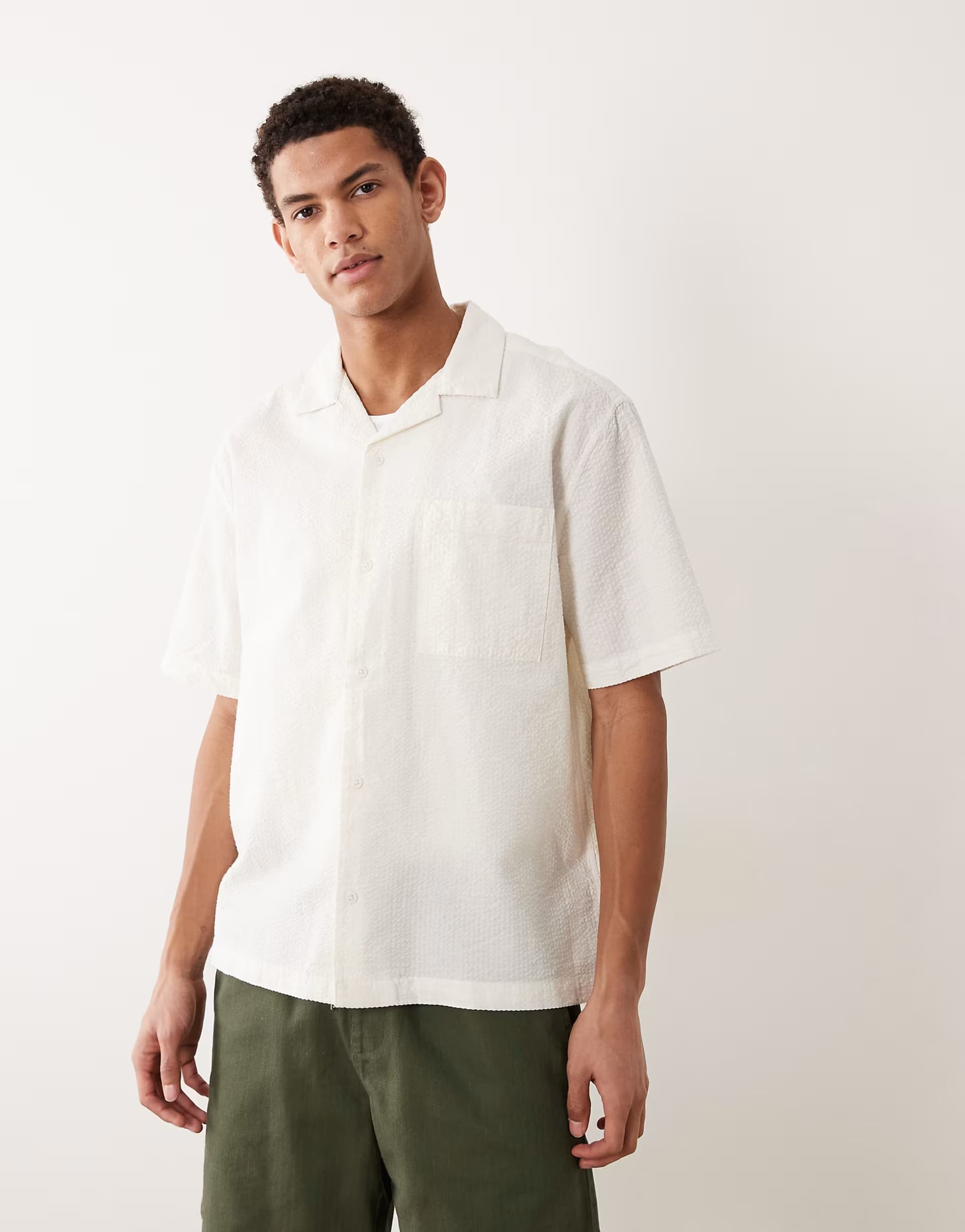 ASOS ASOS DESIGN relaxed revere seersucker shirt in off white