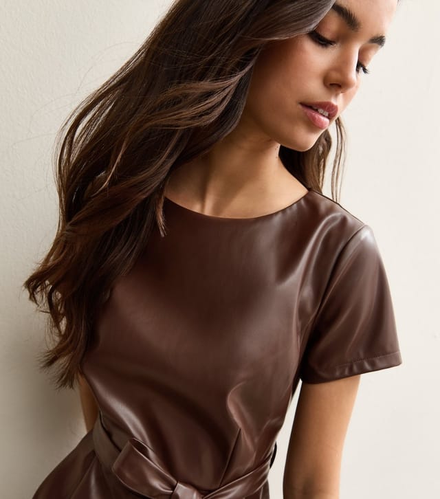 New Look Women's Dark Brown Faux Leather Belted Mini Dress New Look - 2