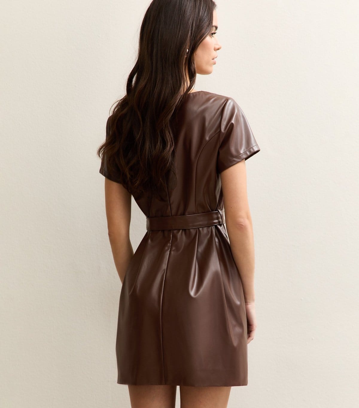 New Look Women's Dark Brown Faux Leather Belted Mini Dress New Look - 4