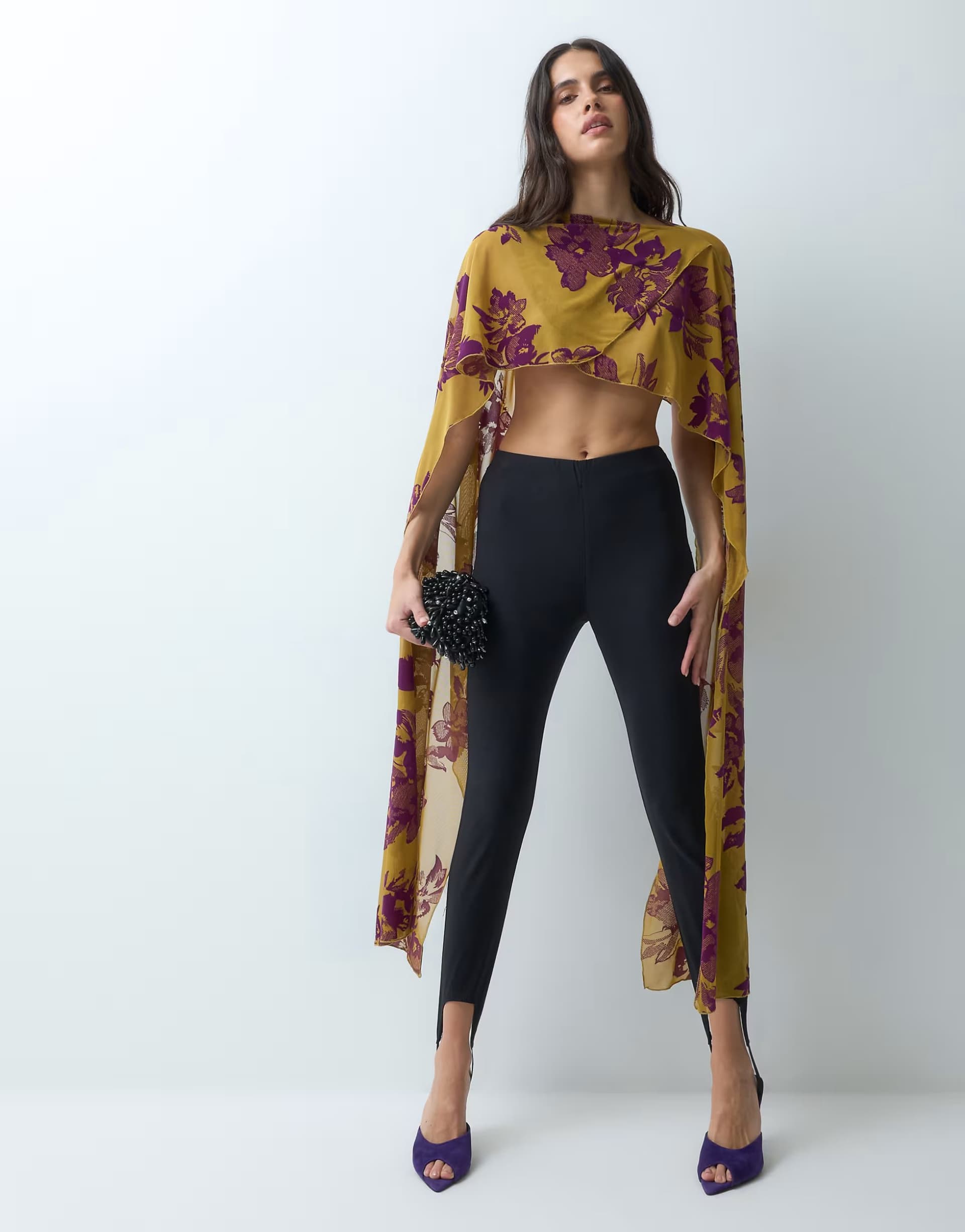ASOS ASOS DESIGN flocked long line maxi cape in violet and ochre