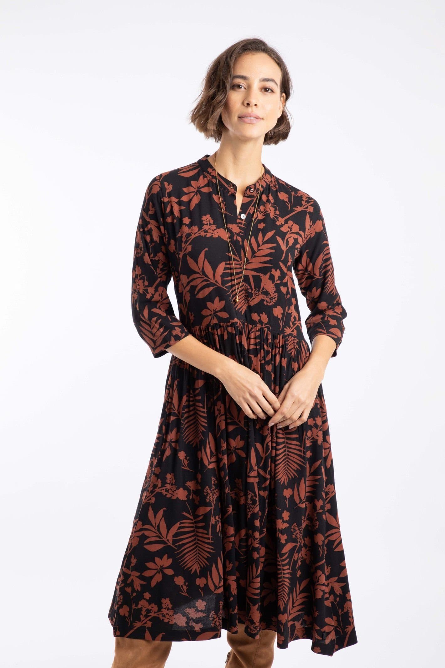 Weird Fish Weird Fish Women's Hellen Printed Crepe Viscose Shirt Dress in Chocolate