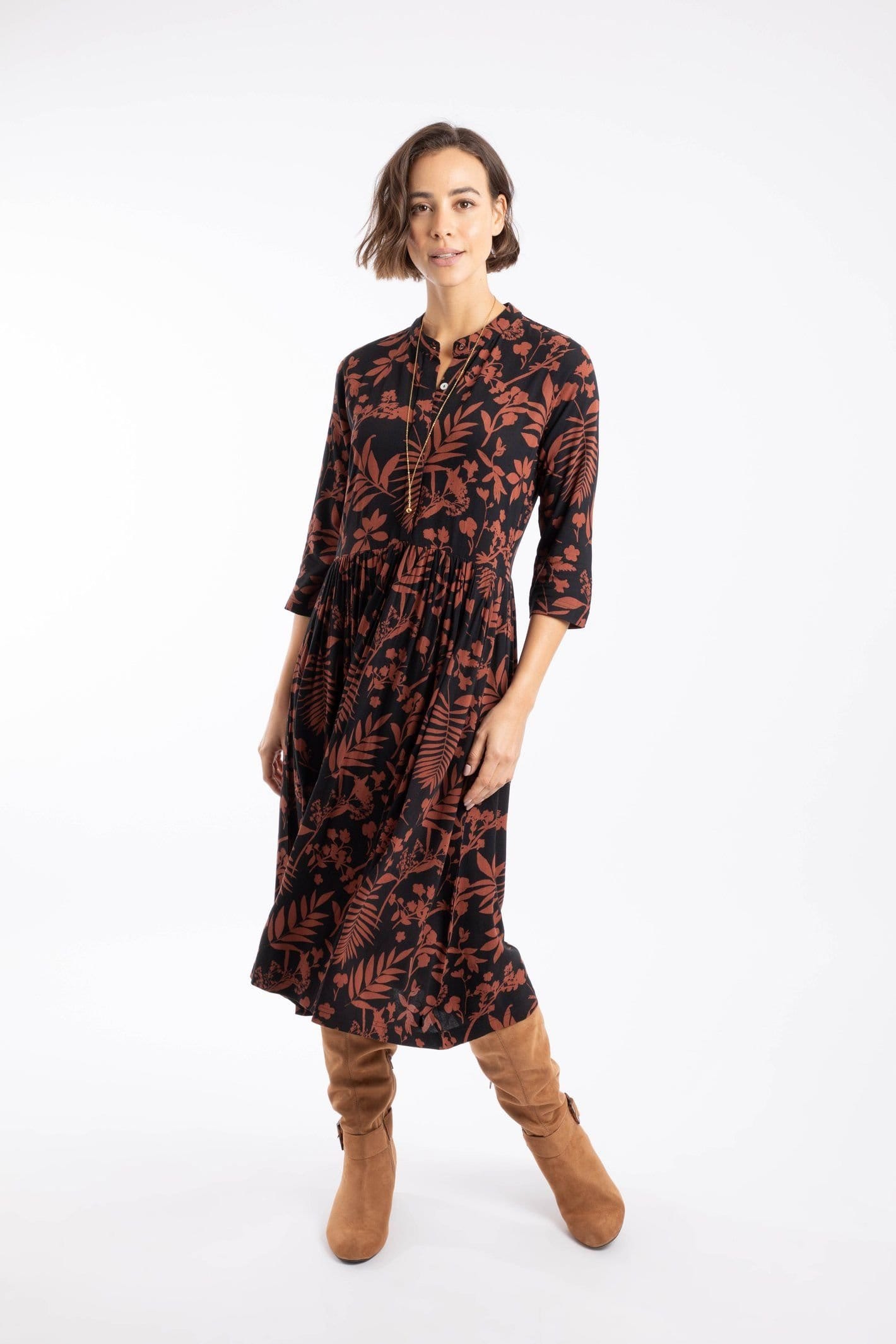 Weird Fish Weird Fish Women's Hellen Printed Crepe Viscose Shirt Dress in Chocolate - 4
