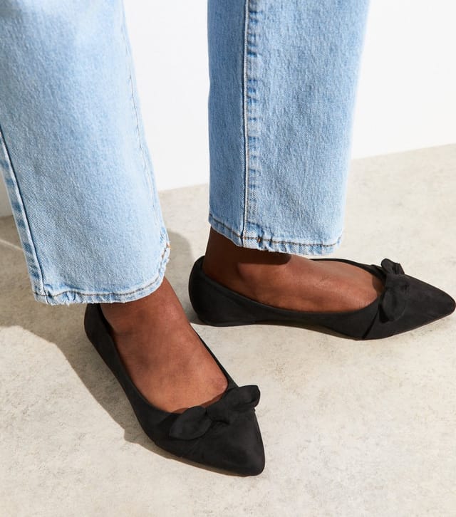 New Look Women's Wide Fit Black Suedette Bow Trim Ballet Flats Vegan New Look - 2