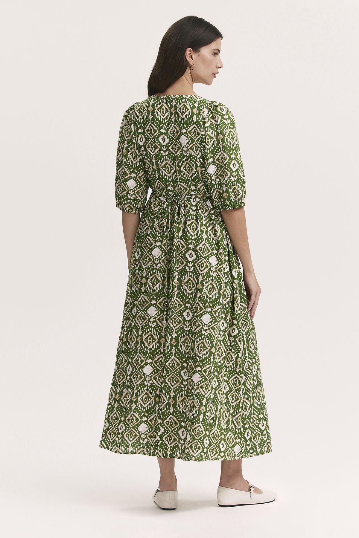 Finery London Finery London Women's Katie Printed Linen Blend Midi Dress in Olive - 3