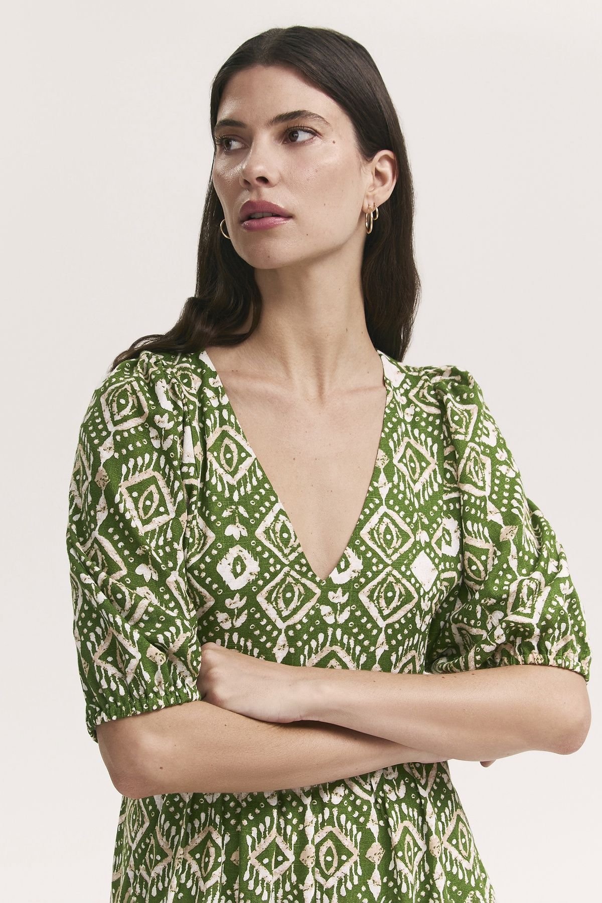 Finery London Finery London Women's Katie Printed Linen Blend Midi Dress in Olive - 4