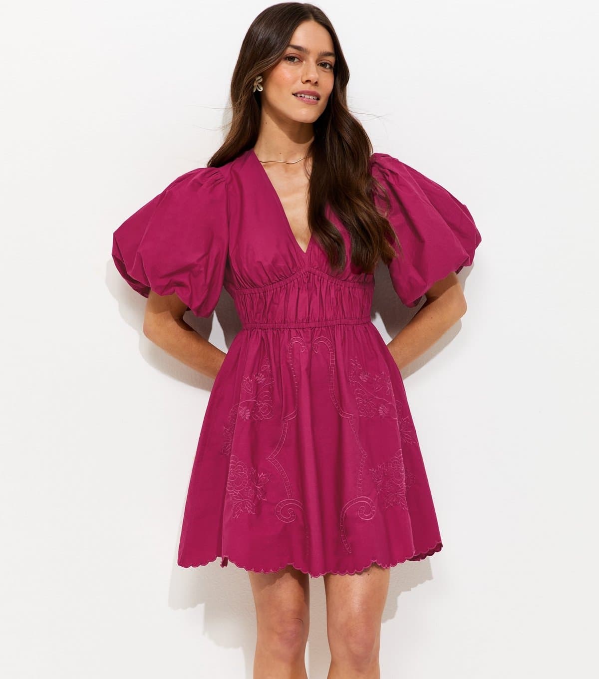 New Look Women's Petite Light Burgundy Cutwork V-Neck Mini Dress New Look