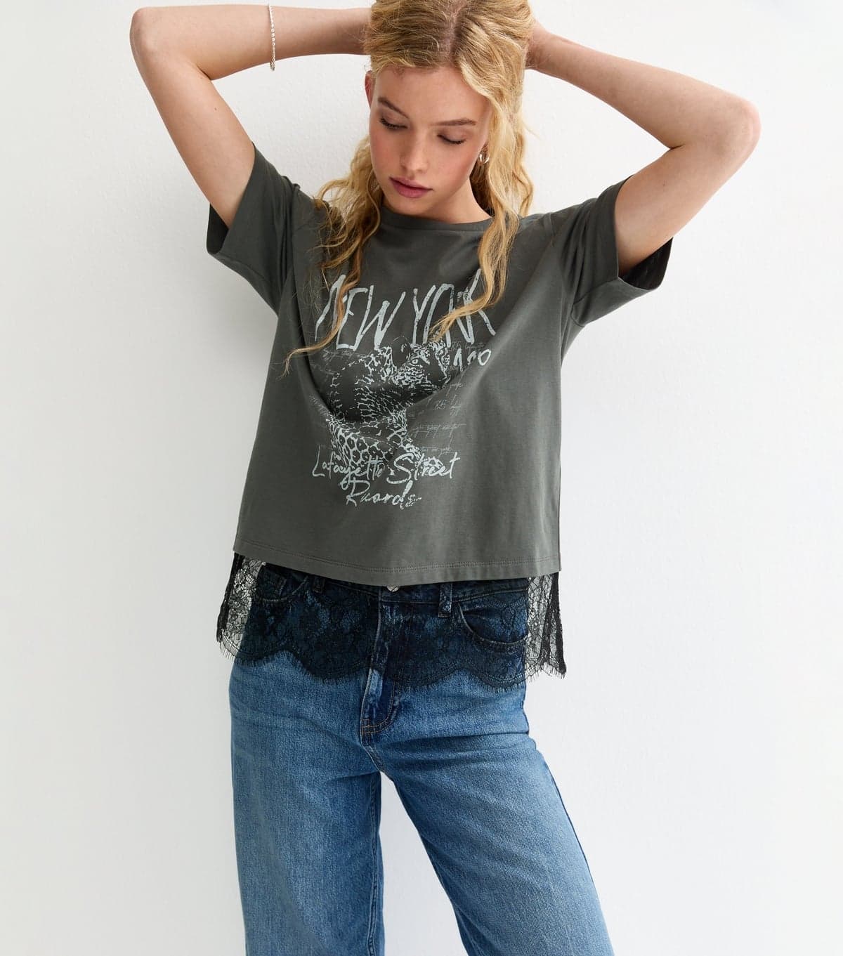 New Look Women's Grey New York Leopard Print Lace Trim T-Shirt New Look