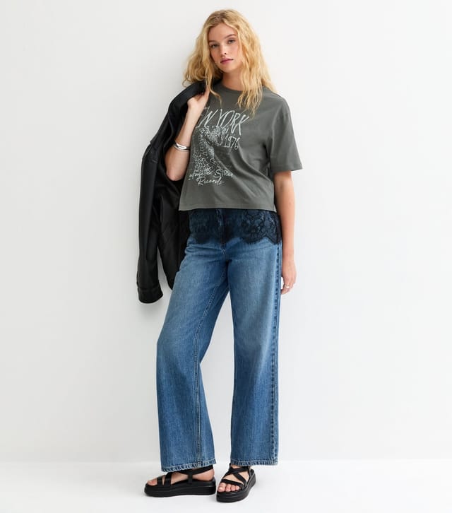 New Look Women's Grey New York Leopard Print Lace Trim T-Shirt New Look - 3