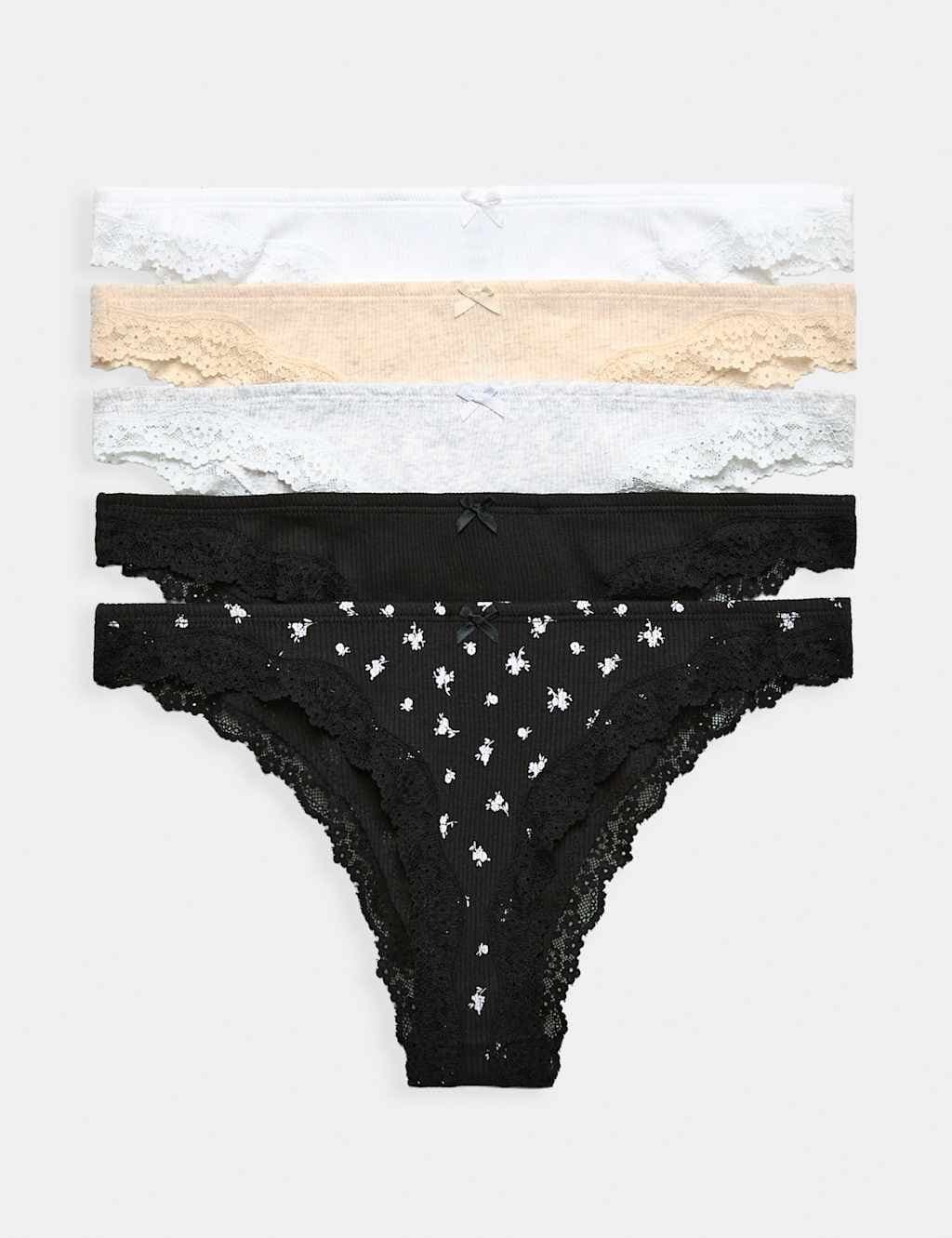 Marks & Spencer M&S 5 Pack Cotton Rich Ribbed Brazilian Knickers Light Cream