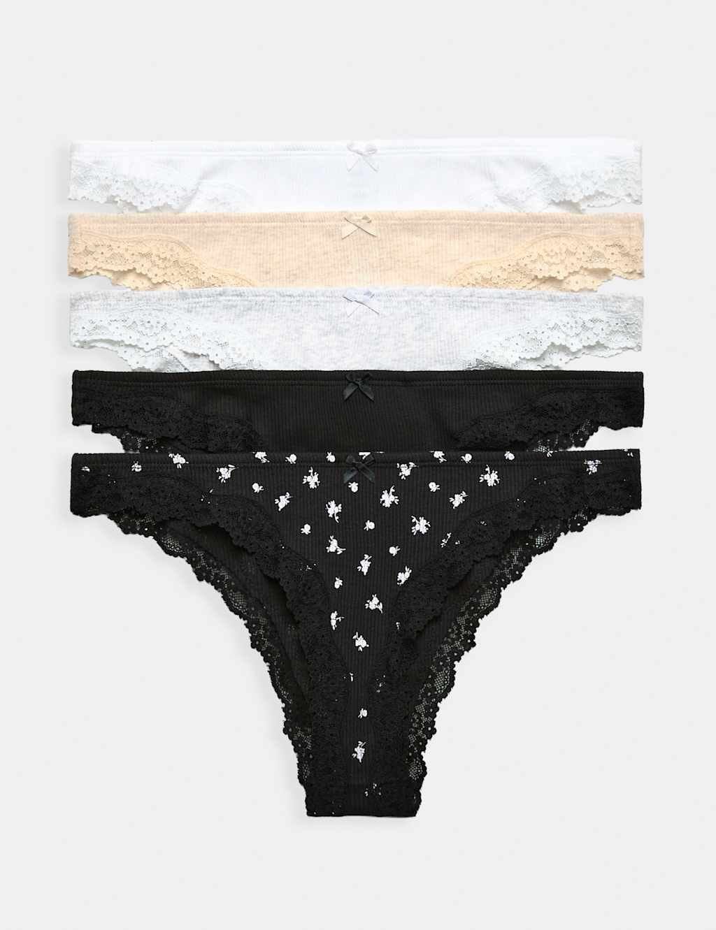 Marks & Spencer M&S 5 Pack Cotton Rich Ribbed Brazilian Knickers Light Cream - 1