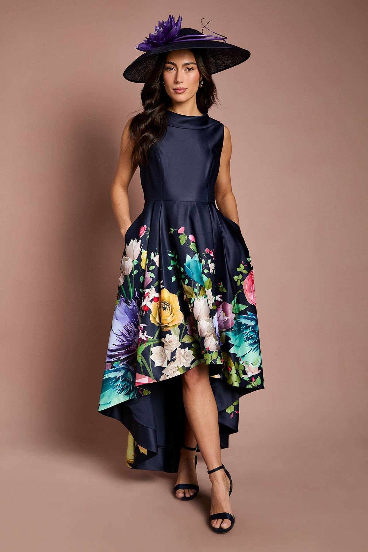 Coast Coast Women's Lisa Tan Cowl Structured Satin Placement Print Midi Dress in Navy