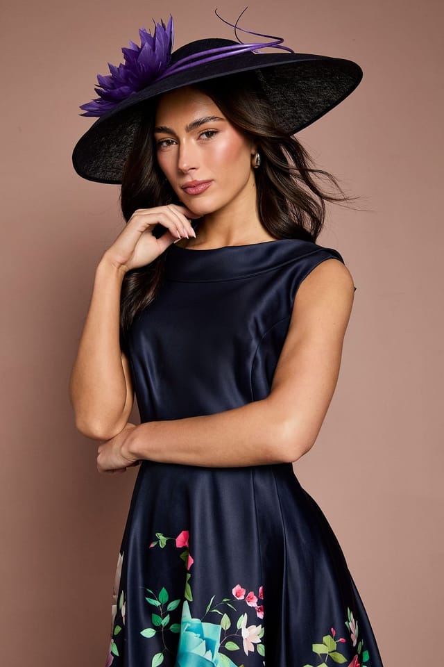 Coast Coast Women's Lisa Tan Cowl Structured Satin Placement Print Midi Dress in Navy - 2