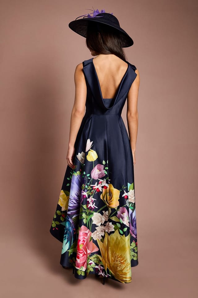 Coast Coast Women's Lisa Tan Cowl Structured Satin Placement Print Midi Dress in Navy - 3