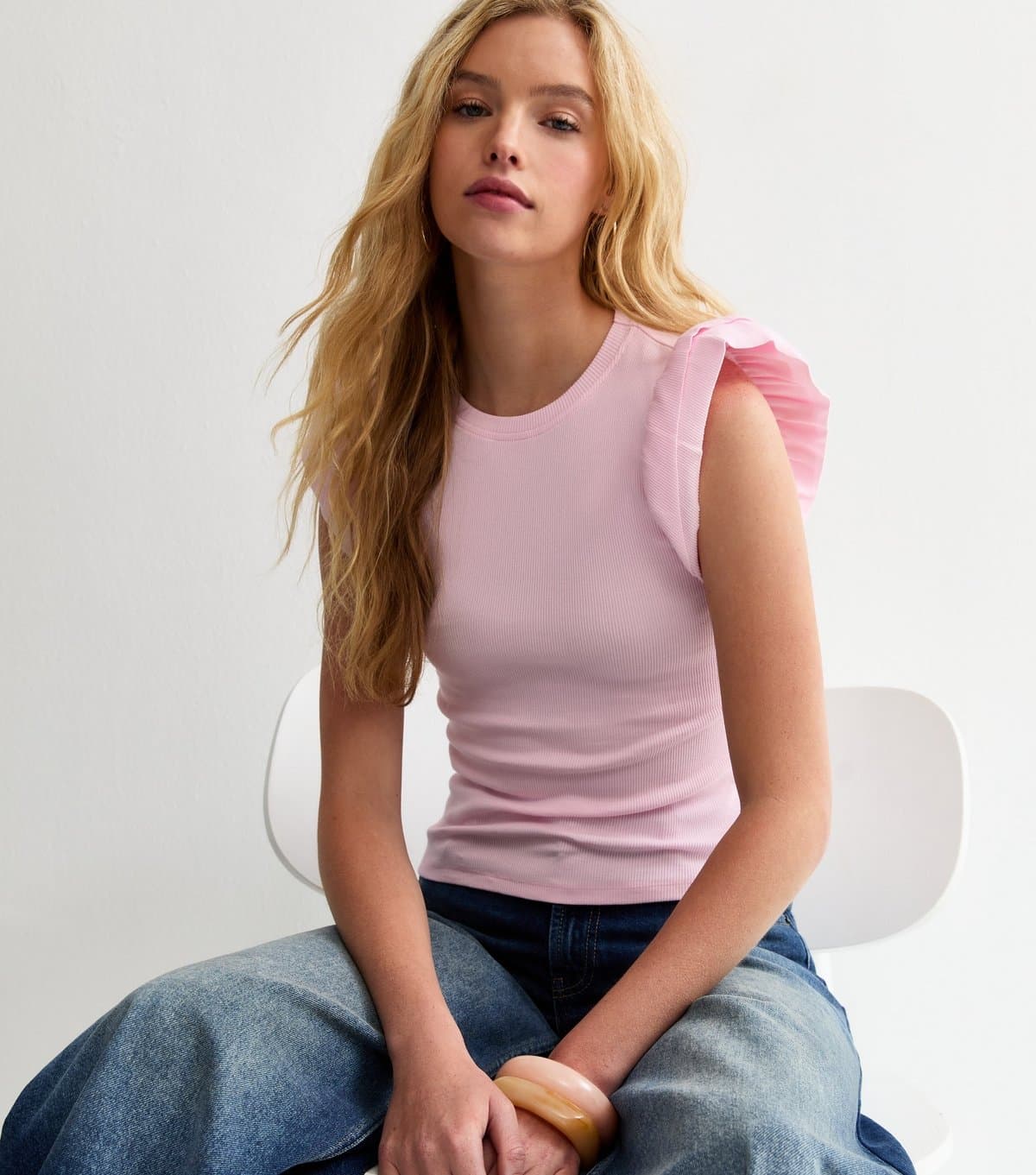 New Look Women's Pale Pink Frill Sleeve Top New Look