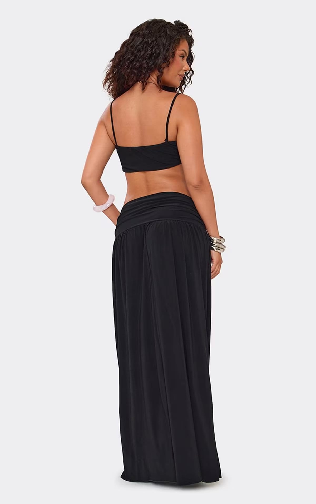 EGO Mid Waist Ruched Waistband Maxi Skirt In Black, Women's Size UK 6 - 1