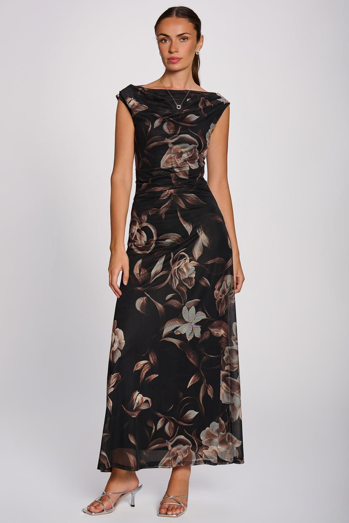 Jolie Moi Jolie Moi Women's Multiway Neckline Mesh Maxi Dress in Dark Brown