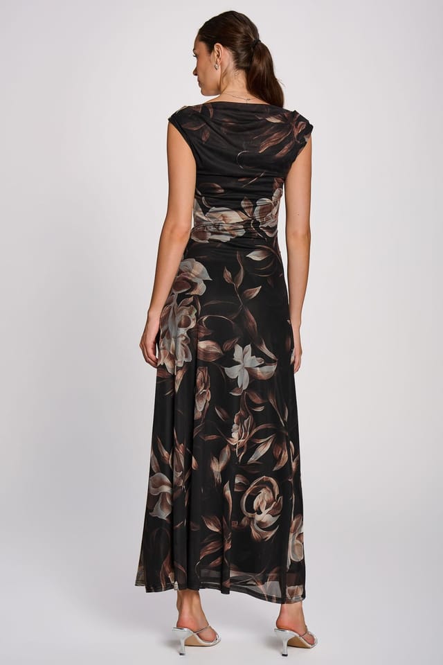 Jolie Moi Jolie Moi Women's Multiway Neckline Mesh Maxi Dress in Dark Brown - 2