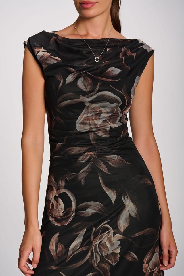 Jolie Moi Jolie Moi Women's Multiway Neckline Mesh Maxi Dress in Dark Brown - 3