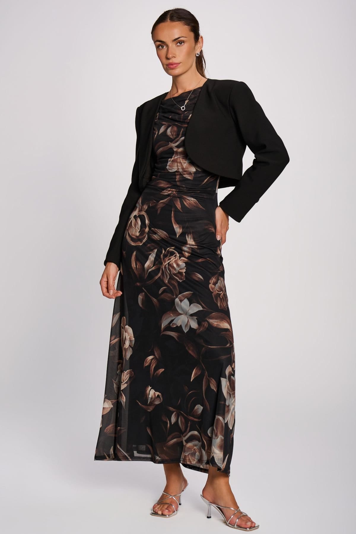 Jolie Moi Jolie Moi Women's Multiway Neckline Mesh Maxi Dress in Dark Brown - 4