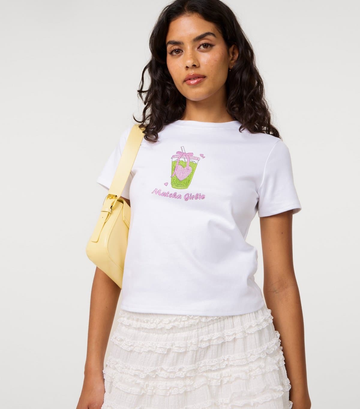 Pink Vanilla Women's White Matcha Girlie Diamanté T-Shirt Pink Vanilla New Look