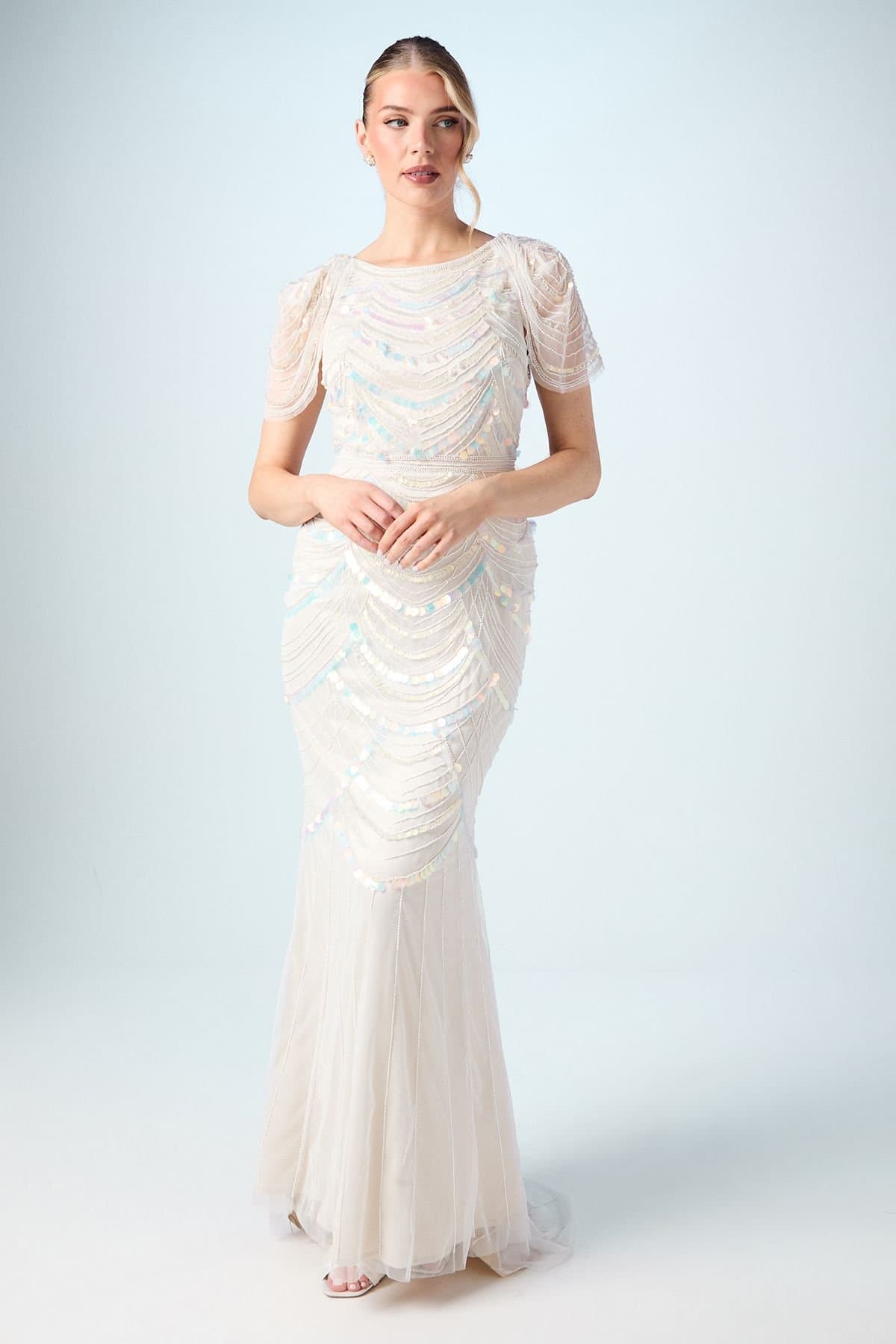 Coast Coast Women's Beaded Tulle Wedding Dress with Cap Sleeve in Nude