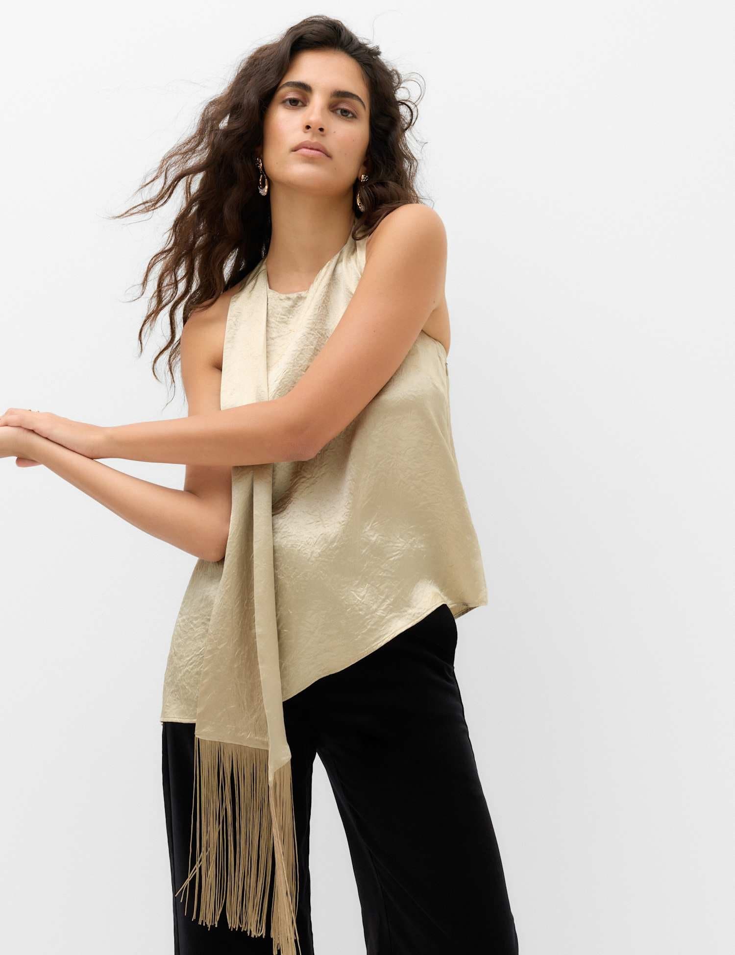 Marks & Spencer M&S Satin Halter Neck Scarf Detail Top Champagne