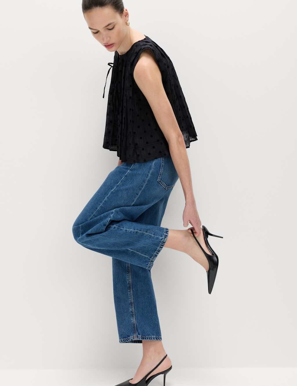 Marks & Spencer M&S Lyocell Blend Polka Dot Tie Front Top Black Mix
