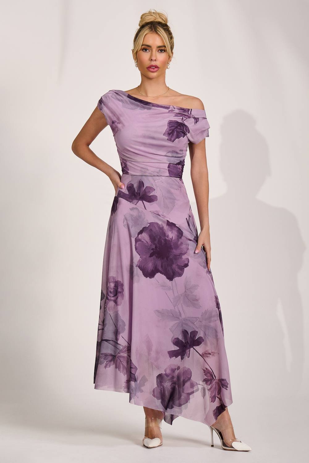 Jolie Moi Jolie Moi Women's Asymmetrical Draped Mesh Maxi Dress in Purple - 4